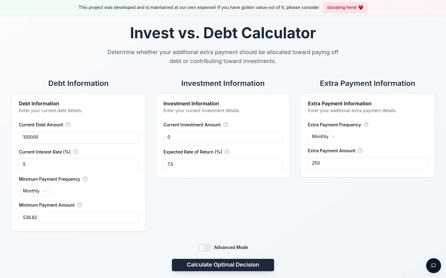 Invest vs Debt website screenshot